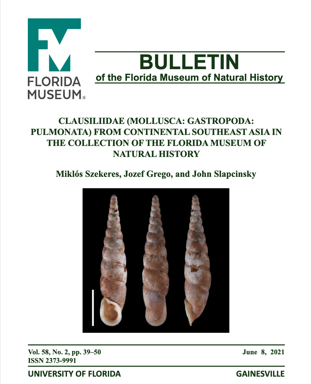 Journal cover with image of three views of Phaedusa theobaldi long thin shell